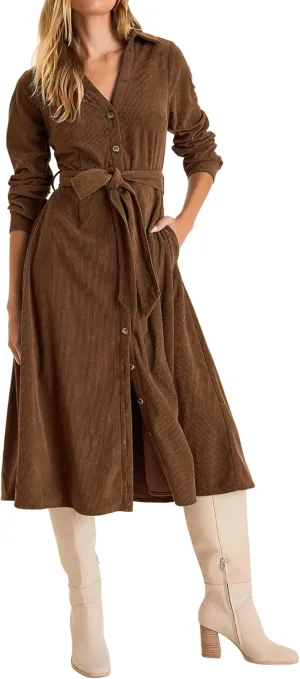 R.Vivimos Womens Fall Winter Corduroy Midi Dress Long Sleeve V Neck Button Down Belted Flowy Shirt Dress with Pockets