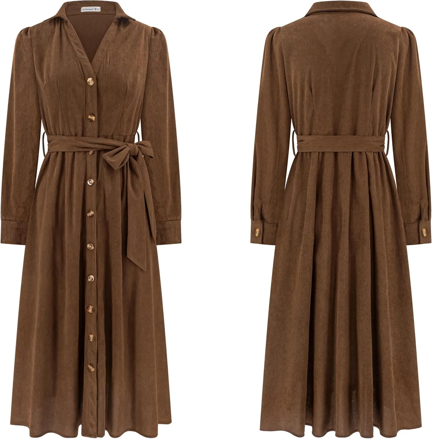 R.Vivimos Womens Fall Winter Corduroy Midi Dress Long Sleeve V Neck Button Down Belted Flowy Shirt Dress with Pockets