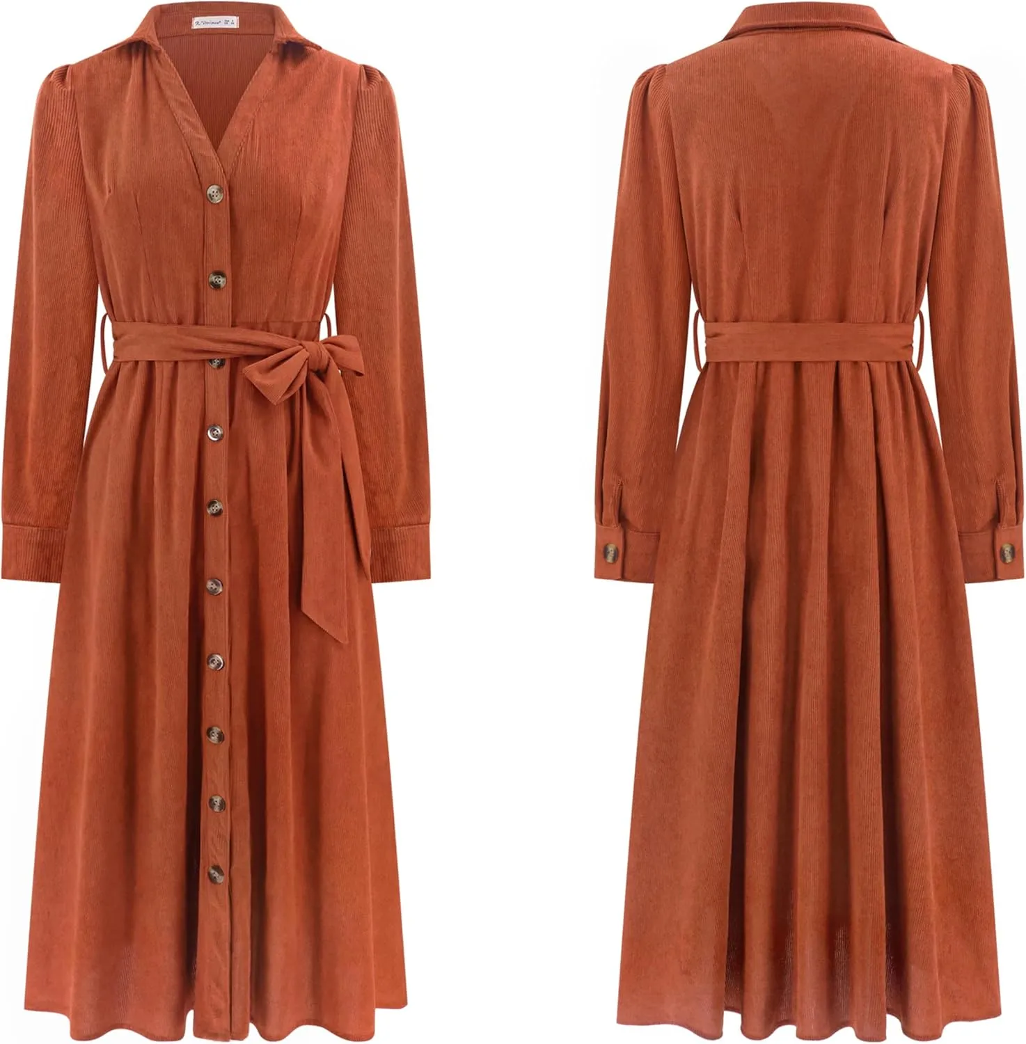 R.Vivimos Womens Fall Winter Corduroy Midi Dress Long Sleeve V Neck Button Down Belted Flowy Shirt Dress with Pockets