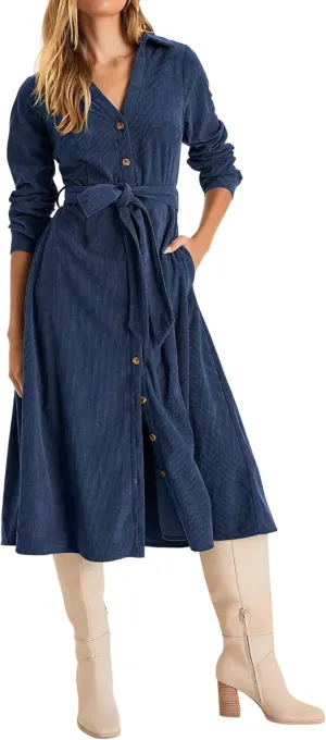 R.Vivimos Womens Fall Winter Corduroy Midi Dress Long Sleeve V Neck Button Down Belted Flowy Shirt Dress with Pockets