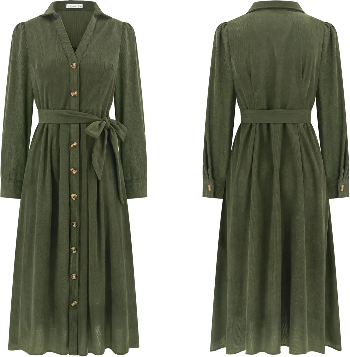 R.Vivimos Womens Fall Winter Corduroy Midi Dress Long Sleeve V Neck Button Down Belted Flowy Shirt Dress with Pockets
