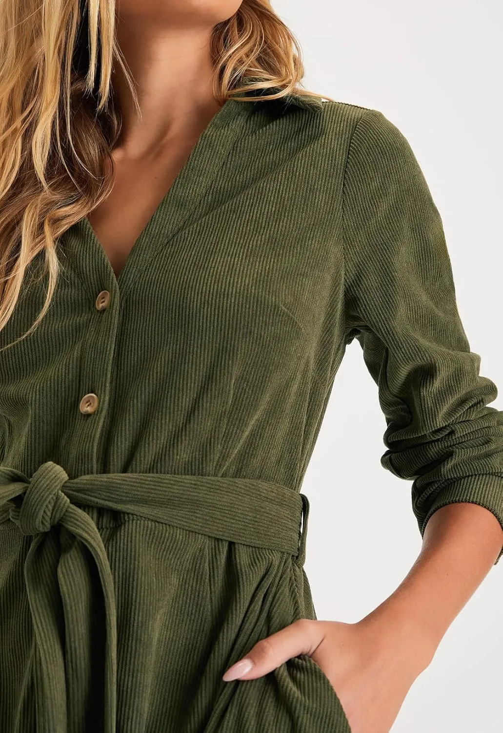 R.Vivimos Womens Fall Winter Corduroy Midi Dress Long Sleeve V Neck Button Down Belted Flowy Shirt Dress with Pockets