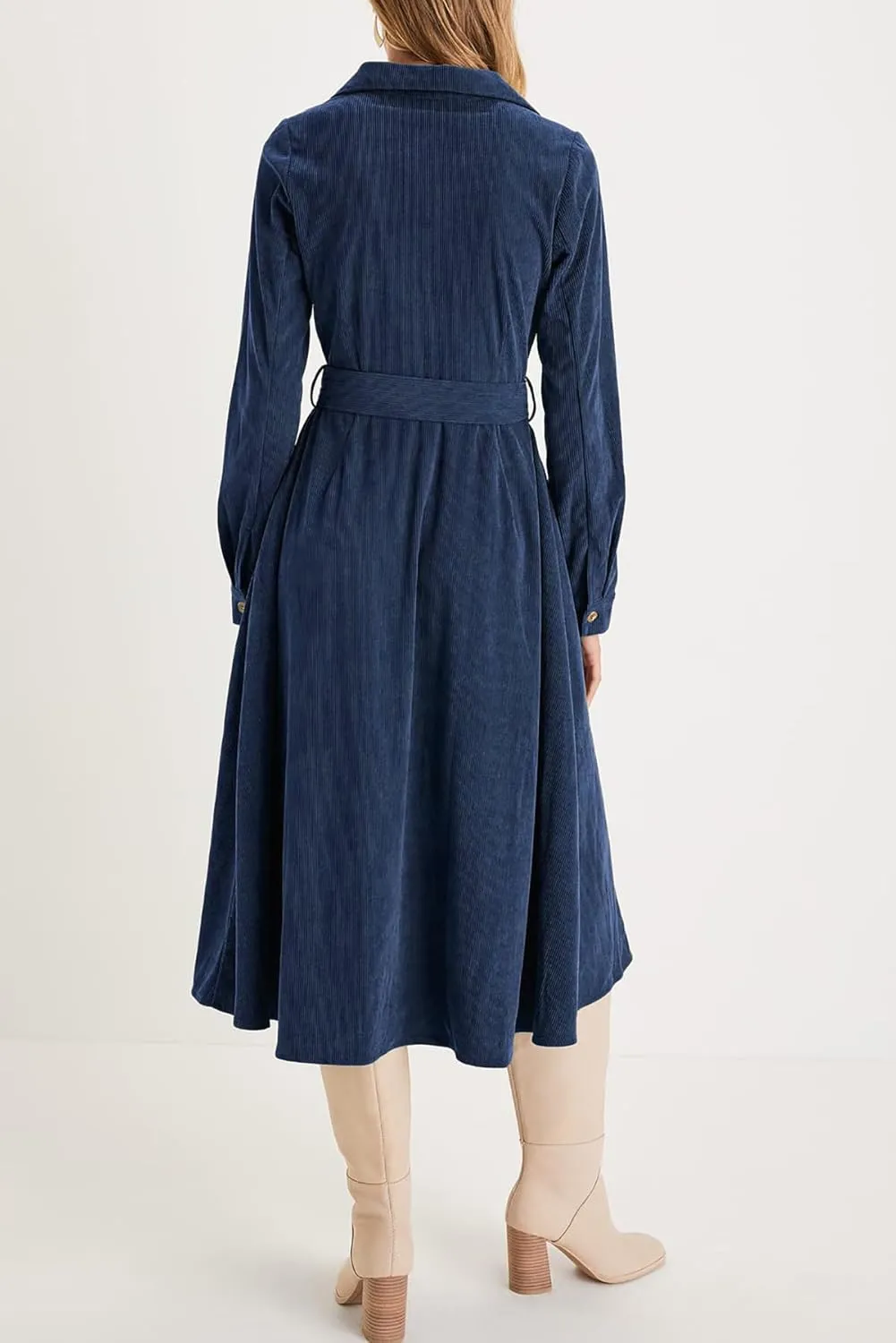 R.Vivimos Womens Fall Winter Corduroy Midi Dress Long Sleeve V Neck Button Down Belted Flowy Shirt Dress with Pockets