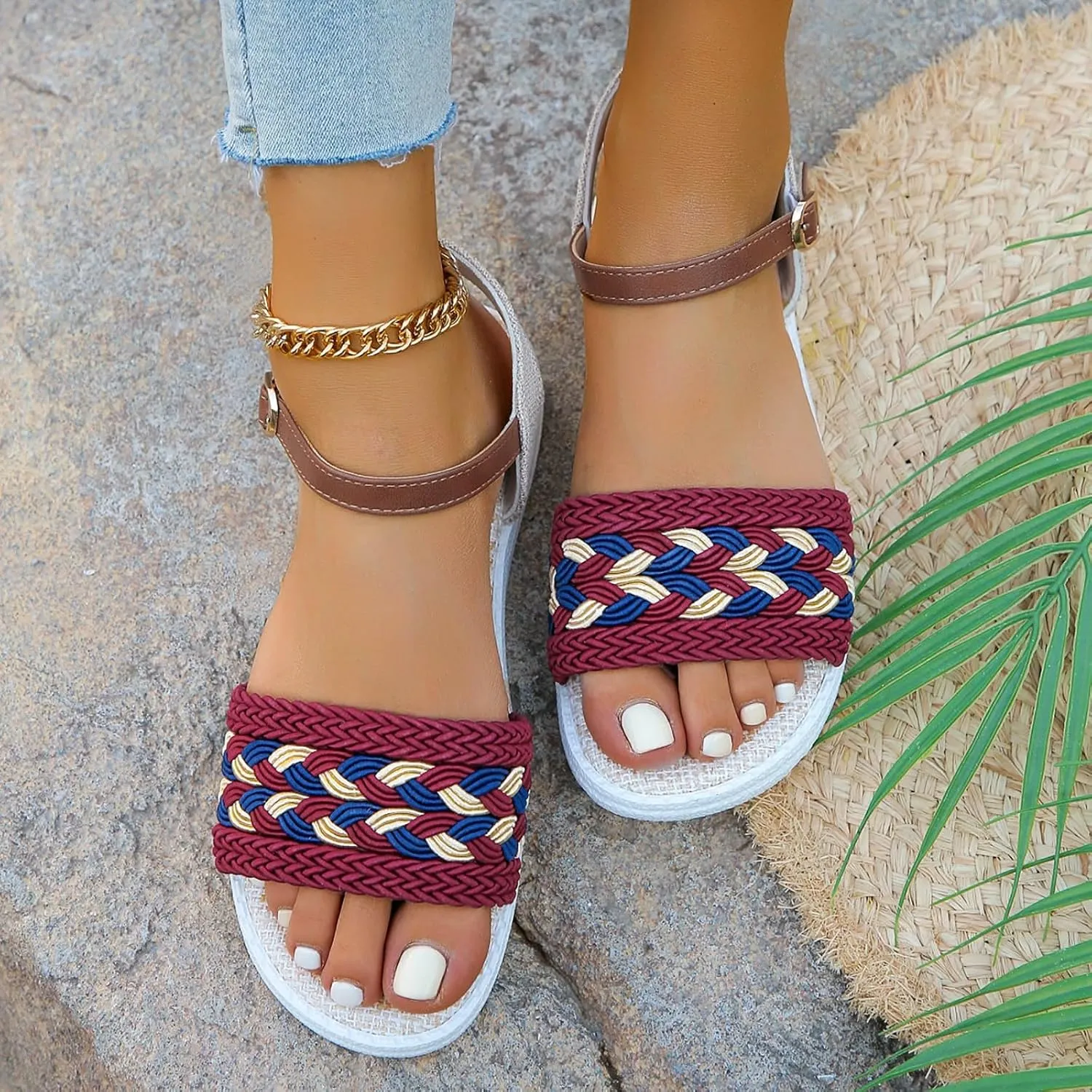 Sandals Women knitted Thick Sole Orthopedic Women's Sandals Summer Dressy Flats Casual Comfortable Platform Sandals