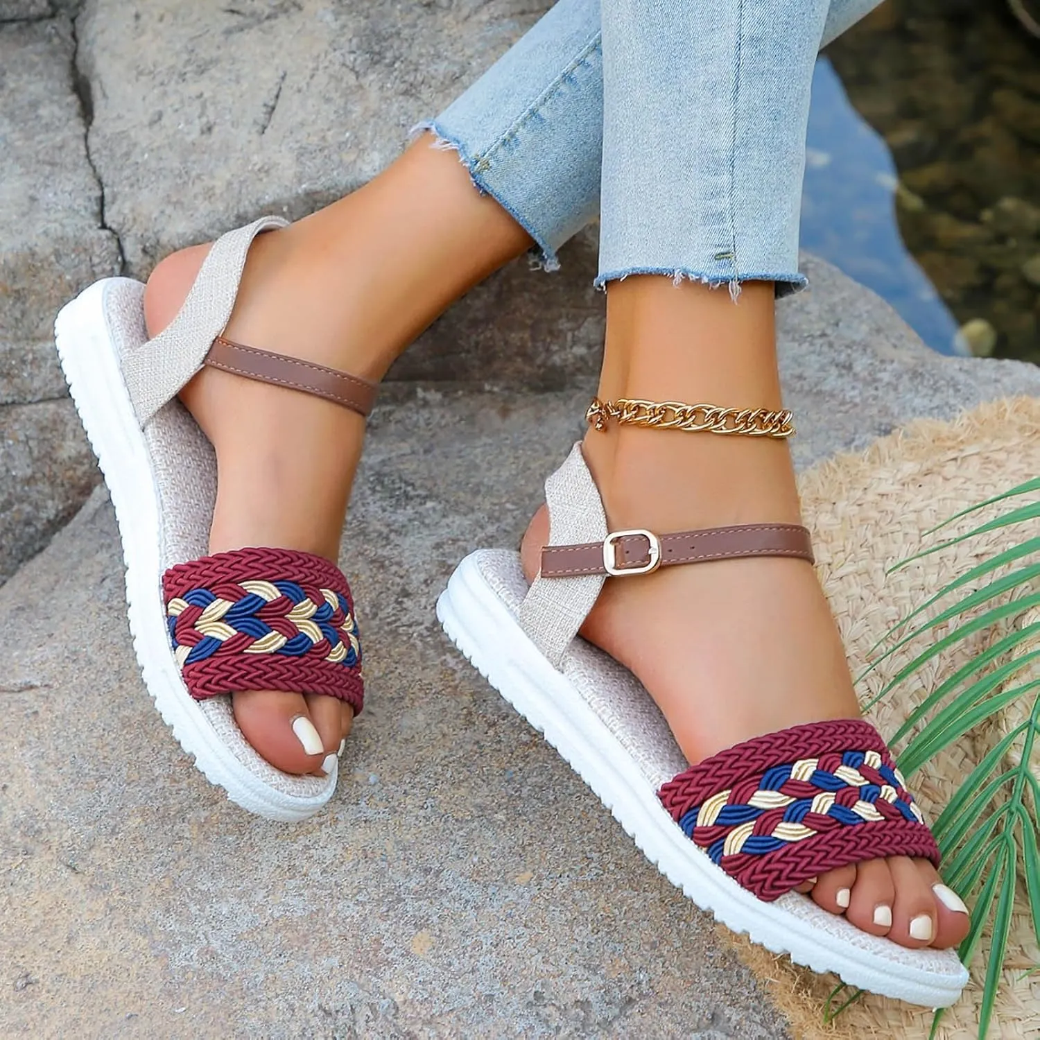 Sandals Women knitted Thick Sole Orthopedic Women's Sandals Summer Dressy Flats Casual Comfortable Platform Sandals