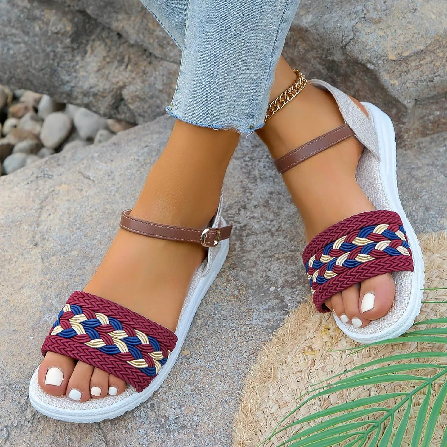 Sandals Women knitted Thick Sole Orthopedic Women's Sandals Summer Dressy Flats Casual Comfortable Platform Sandals