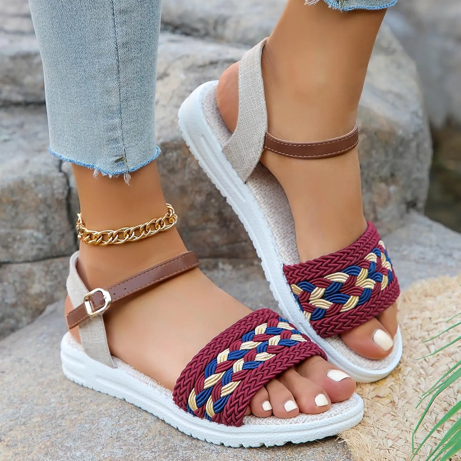 Sandals Women knitted Thick Sole Orthopedic Women's Sandals Summer Dressy Flats Casual Comfortable Platform Sandals