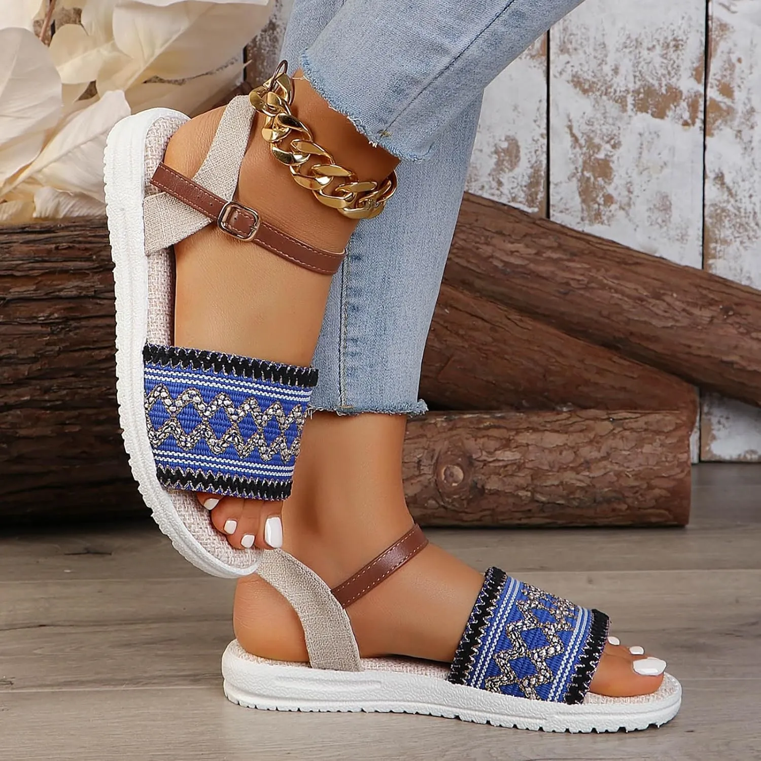 Sandals Women knitted Thick Sole Orthopedic Women's Sandals Summer Dressy Flats Casual Comfortable Platform Sandals