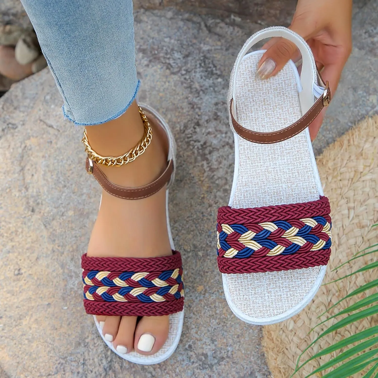 Sandals Women knitted Thick Sole Orthopedic Women's Sandals Summer Dressy Flats Casual Comfortable Platform Sandals