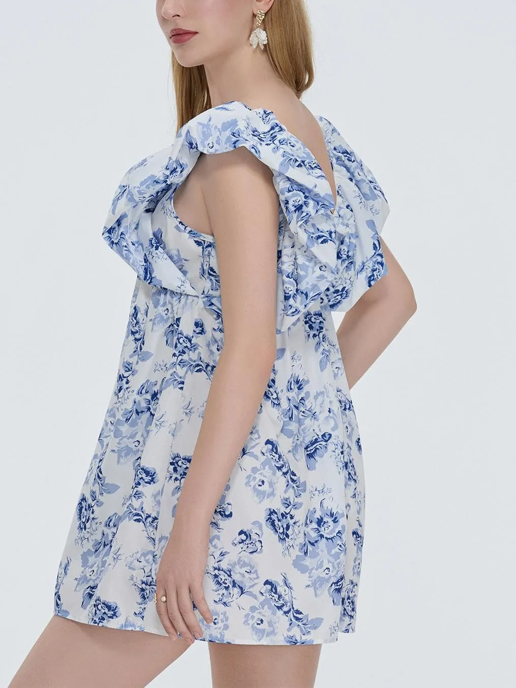 Sastianaen Women Y2k Floral Print Mini Dress Boho V Neck Puff Sleeve Short Dress Bow Tie Flowy Dress Beach Sundress