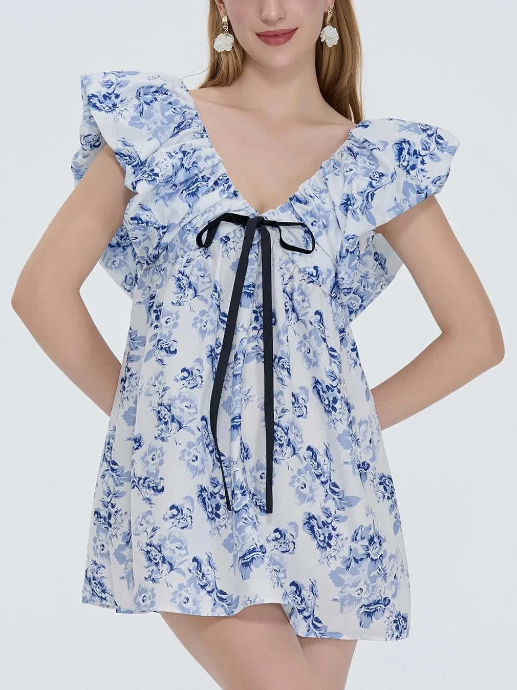 Sastianaen Women Y2k Floral Print Mini Dress Boho V Neck Puff Sleeve Short Dress Bow Tie Flowy Dress Beach Sundress