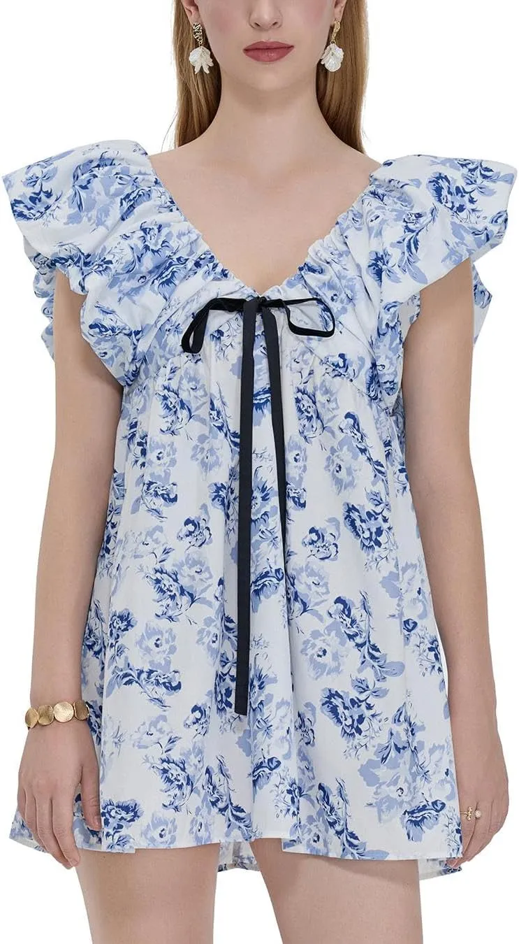 Sastianaen Women Y2k Floral Print Mini Dress Boho V Neck Puff Sleeve Short Dress Bow Tie Flowy Dress Beach Sundress