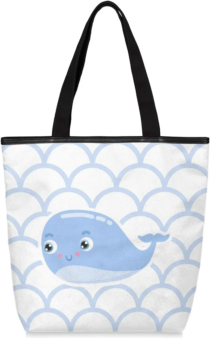 Scaly Cute Dolphin Canvas Tote Bag with Zipper and Pockets Canvas Tote Shopping Bag Women Reusable Grocery Bag for Beach Travel Gym Shopping