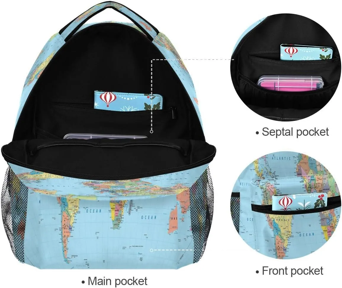 School Laptop Backpack World Map Old for Girls Kids Boys Education Bookbag Elementary College Travel Hiking Daypack Backpacks with Name Brand for Men Women