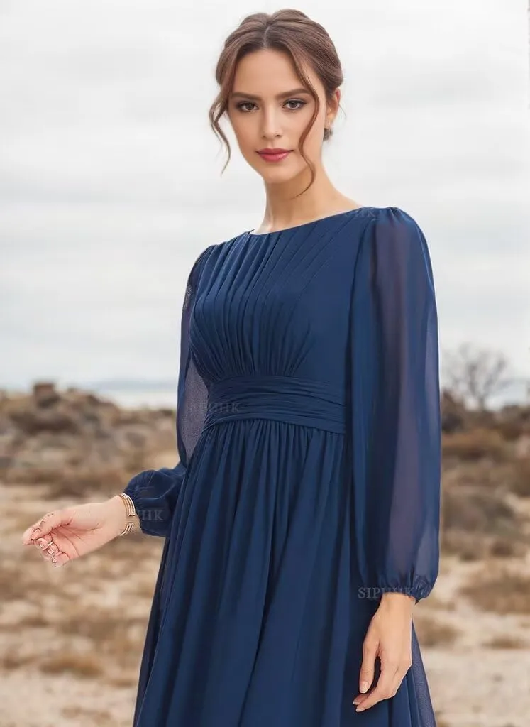 SIPUHK Long Sleeve Bridesmaid Dresses for Wedding Pleated Chiffon Mother of The Bride Dress Boho Formal Dresses for Women