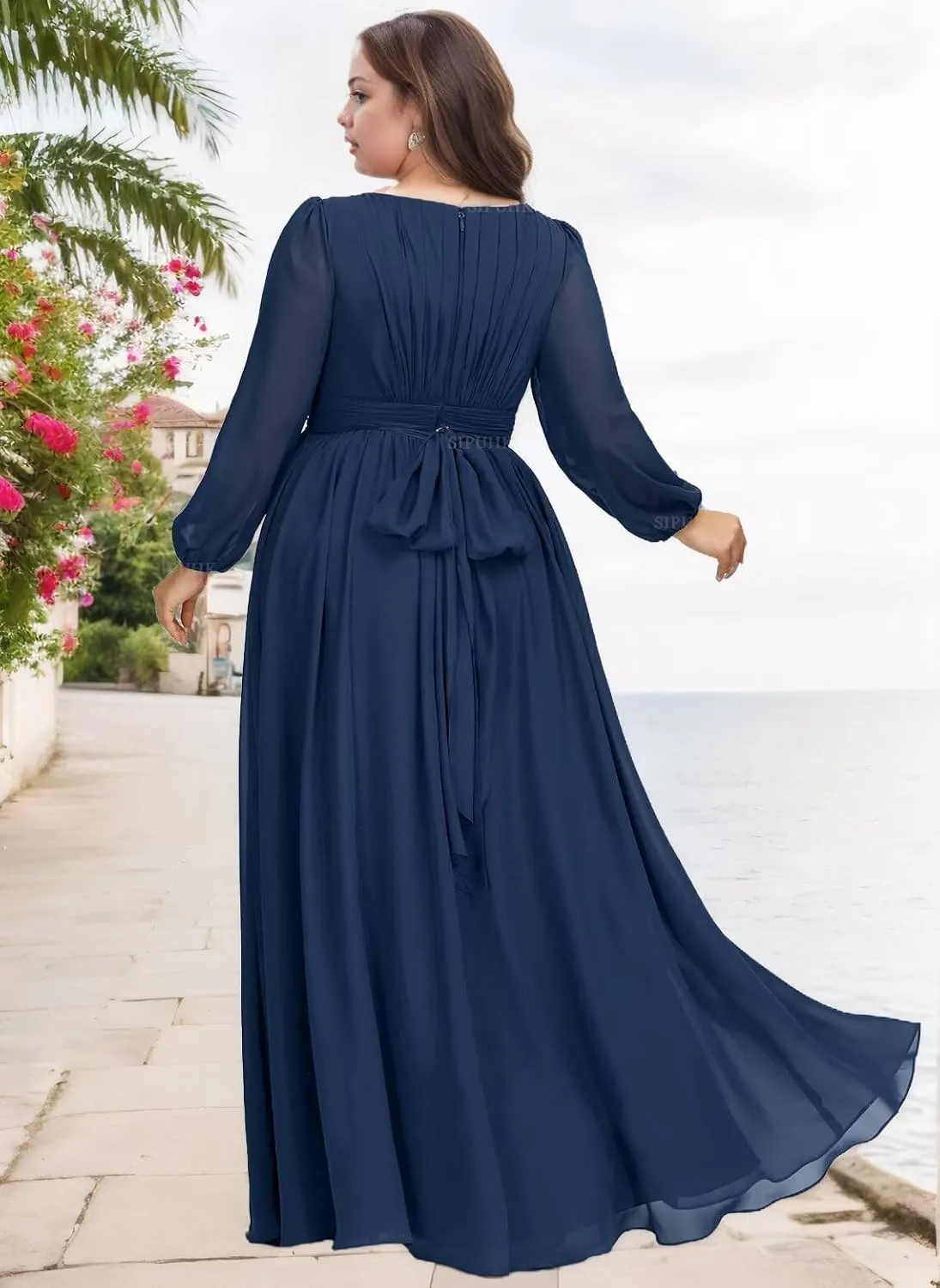 SIPUHK Long Sleeve Bridesmaid Dresses for Wedding Pleated Chiffon Mother of The Bride Dress Boho Formal Dresses for Women