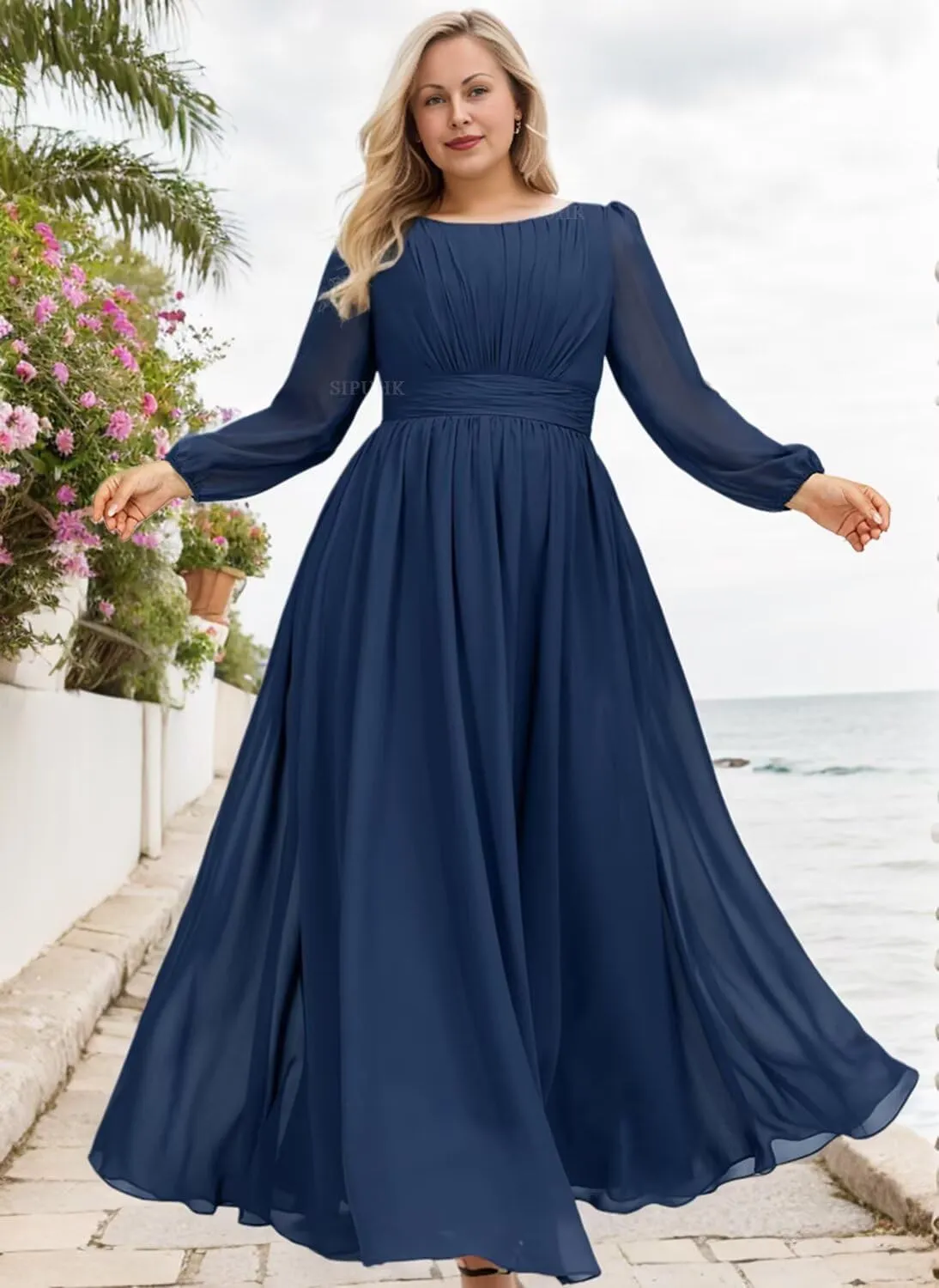 SIPUHK Long Sleeve Bridesmaid Dresses for Wedding Pleated Chiffon Mother of The Bride Dress Boho Formal Dresses for Women
