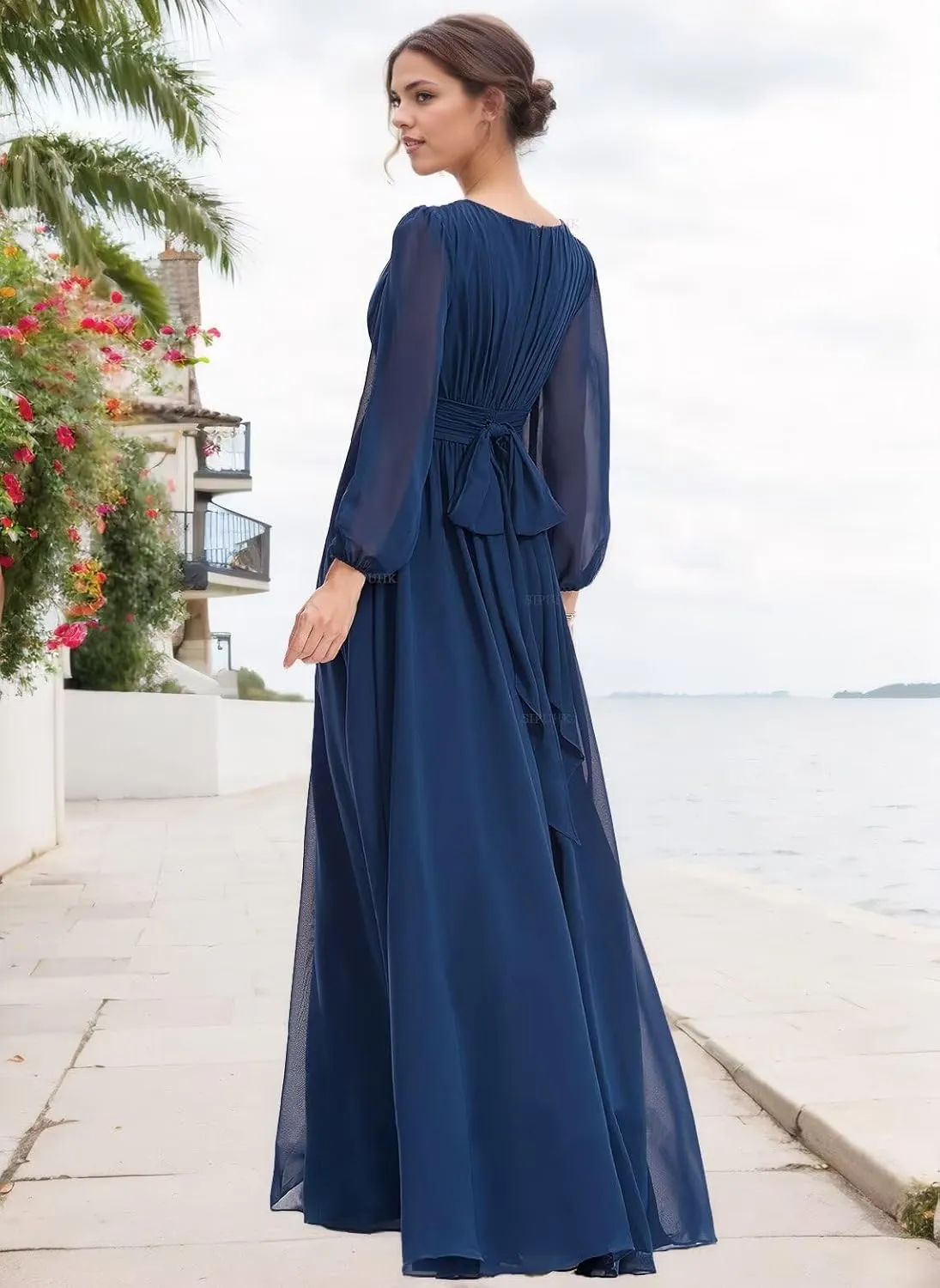 SIPUHK Long Sleeve Bridesmaid Dresses for Wedding Pleated Chiffon Mother of The Bride Dress Boho Formal Dresses for Women