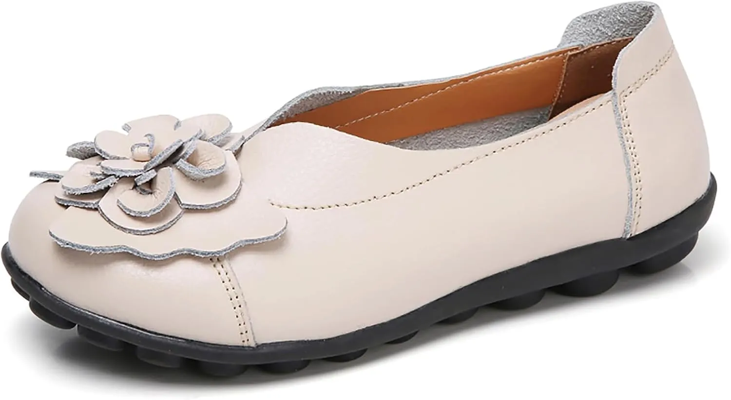 Slip on Loafers for Women Leather Flowers Loafers Comfortable Walking Work Flats Shoes Lightweight Soft Sole Flat Shoes Round Toe Summer Shoe
