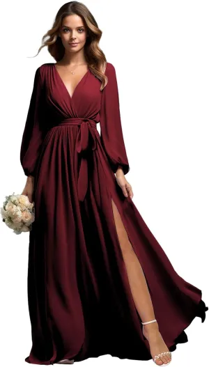 SOLODISH Women's Long Sleeve Bridesmaid Dresses for Wedding Chiffon Pleated Formal Evening Gown with Slit