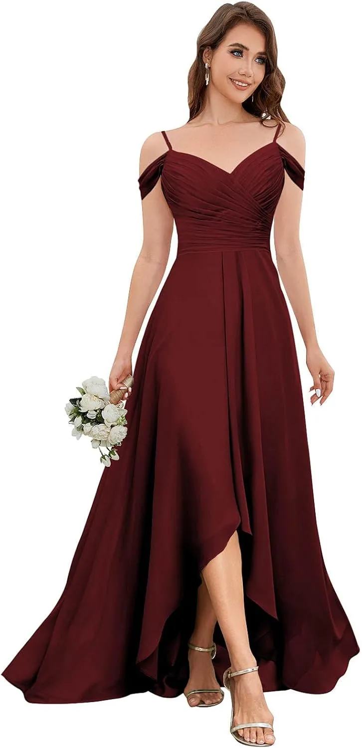 SOLODISH Women's Off The Shoulder Bridesmaid Dresses Pleated Chiffon Formal Evening Party Gown