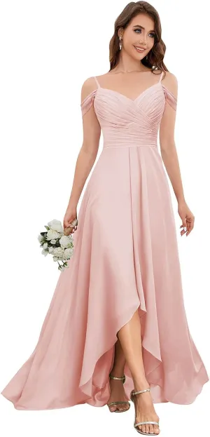 SOLODISH Women's Off The Shoulder Bridesmaid Dresses Pleated Chiffon Formal Evening Party Gown