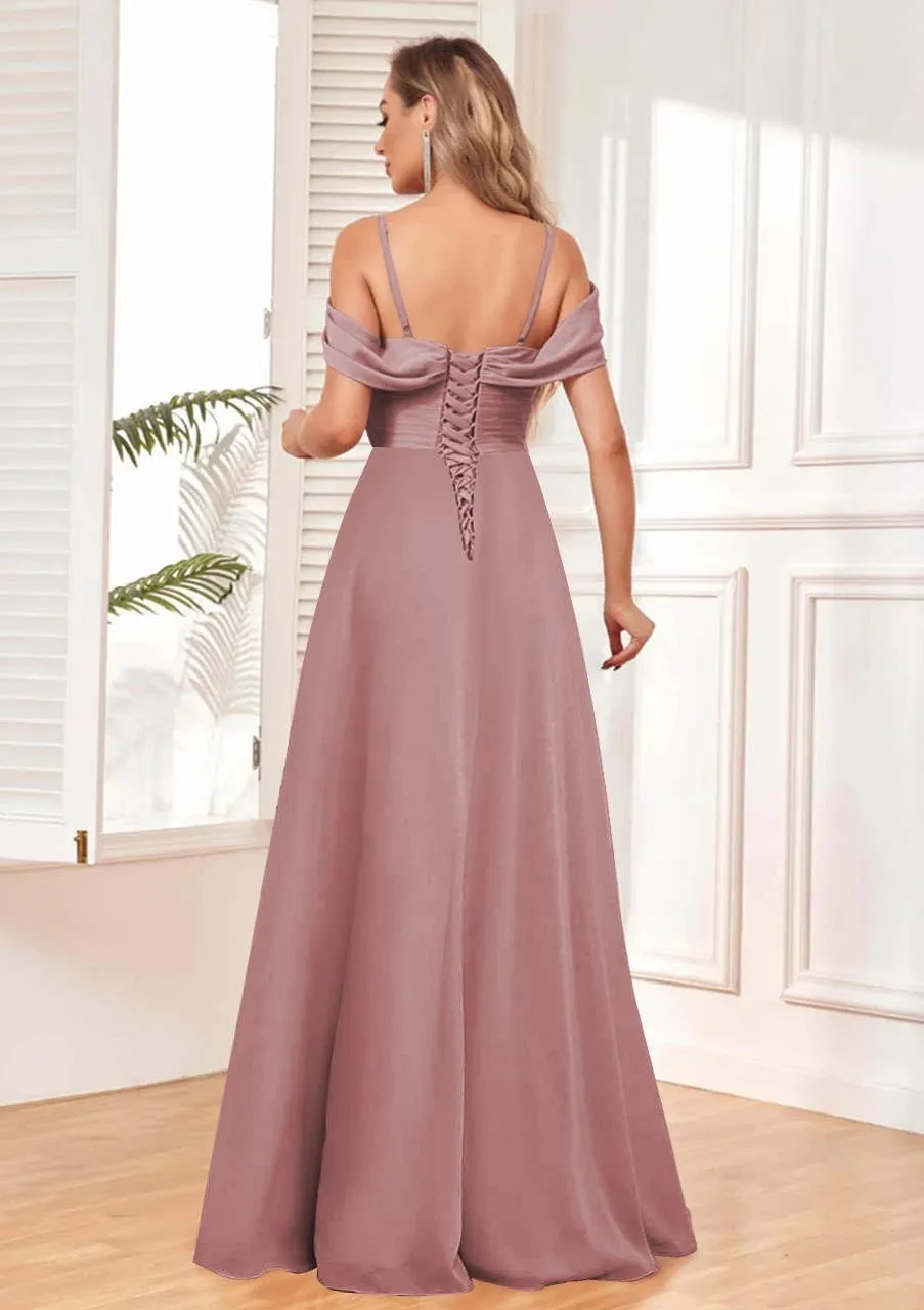 SOLODISH Women's Off The Shoulder Bridesmaid Dresses Pleated Chiffon Formal Evening Party Gown