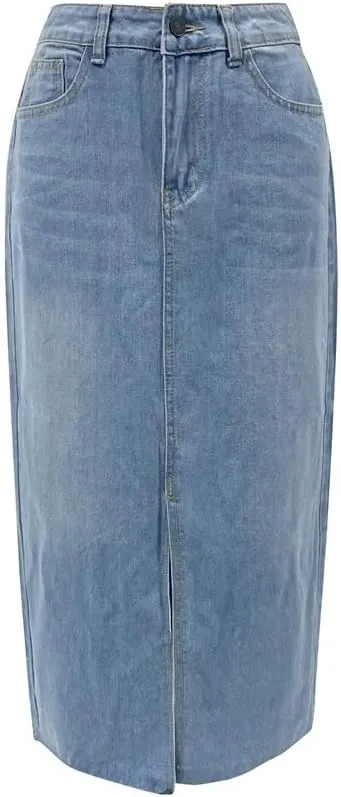 Sorrica Women's High Waisted Denim Skirt Casual A-Line Split Front Long Jean Skirt with Pocket