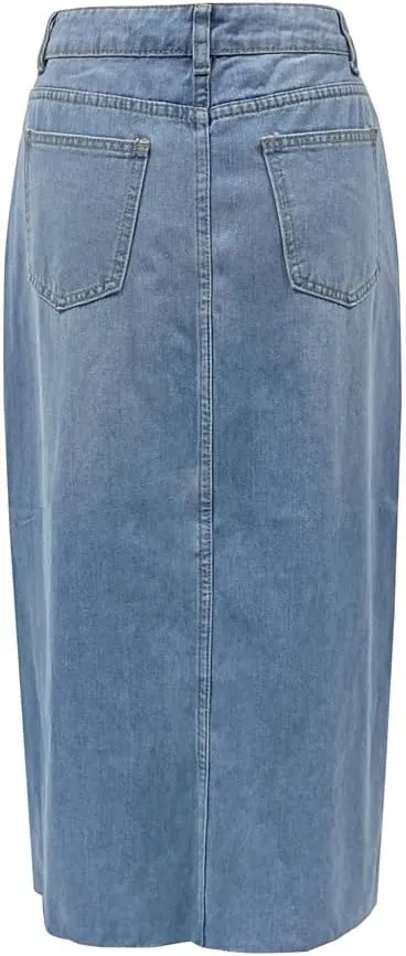 Sorrica Women's High Waisted Denim Skirt Casual A-Line Split Front Long Jean Skirt with Pocket