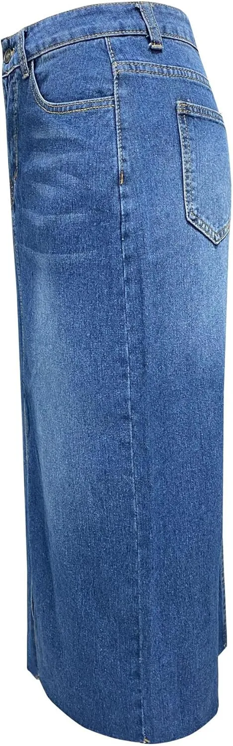 Sorrica Women's High Waisted Denim Skirt Casual A-Line Split Front Long Jean Skirt with Pocket