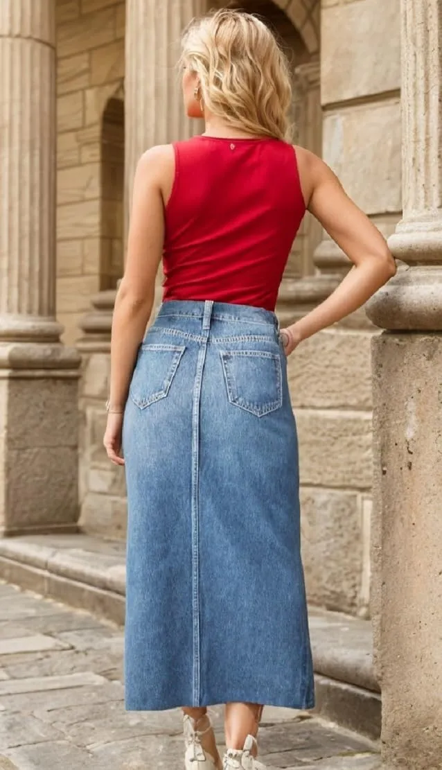 Sorrica Women's High Waisted Denim Skirt Casual A-Line Split Front Long Jean Skirt with Pocket