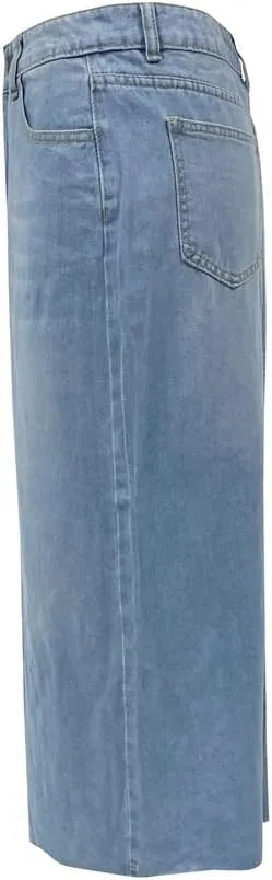 Sorrica Women's High Waisted Denim Skirt Casual A-Line Split Front Long Jean Skirt with Pocket
