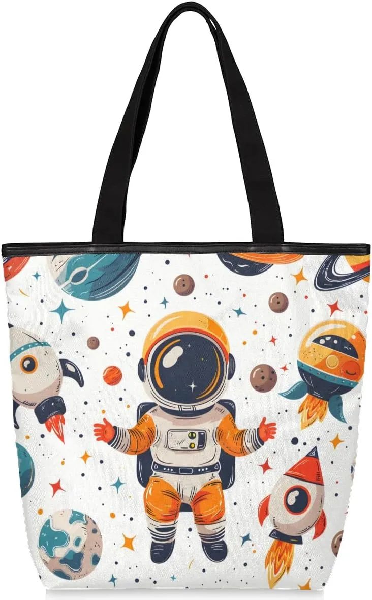 Star Astronauts Canvas Tote Bag with Zipper and Pockets Canvas Tote Shopping Bag Women Reusable Grocery Bag for Beach Travel Gym Shopping