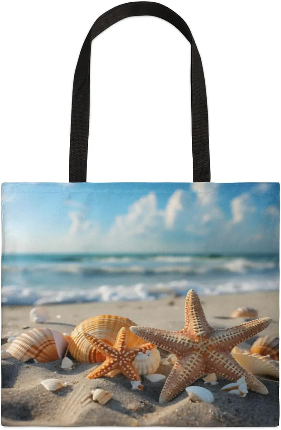 Starfish Shell Beach Square Canvas Tote Bag Top Handle Purses Stylish Women Canvas Shoulder Tote Bags Reusable Handbags for Work Travel Picnic Beach Shopping Gym Hiking