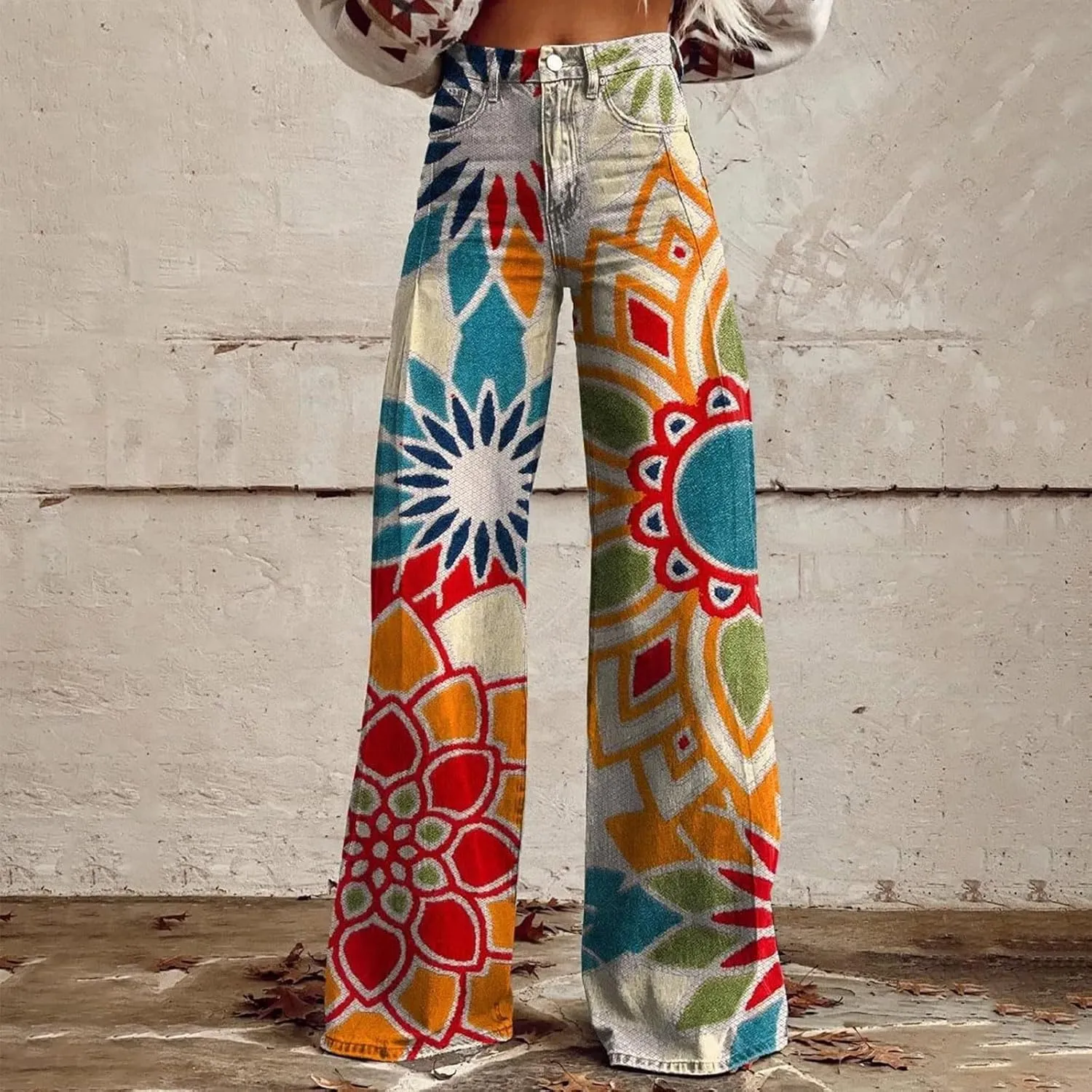 Straight Loose Cargo Pants Women High Waist Casual Trendy Wide Leg Trousers Vintage Print Pants Halloween Hippie Pants