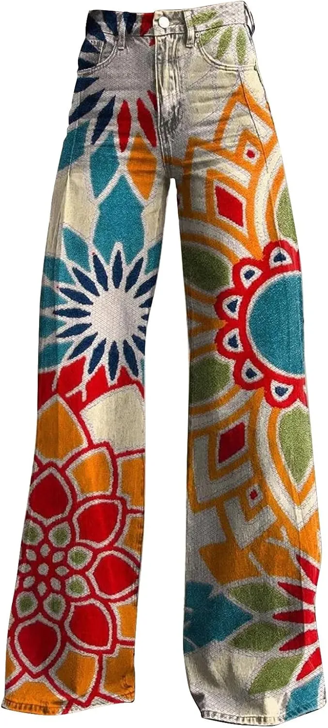 Straight Loose Cargo Pants Women High Waist Casual Trendy Wide Leg Trousers Vintage Print Pants Halloween Hippie Pants
