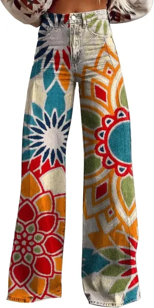 Straight Loose Cargo Pants Women High Waist Casual Trendy Wide Leg Trousers Vintage Print Pants Halloween Hippie Pants