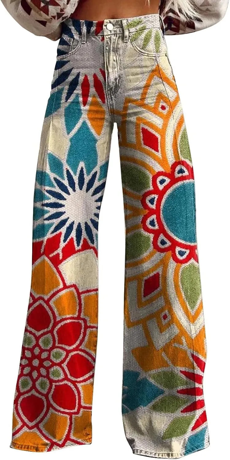 Straight Loose Cargo Pants Women High Waist Casual Trendy Wide Leg Trousers Vintage Print Pants Halloween Hippie Pants