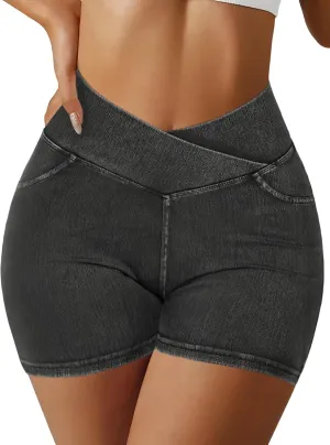 Stretchy Jean Shorts for Women High Waisted Crossover Denim Shorts with Pockets Women Summer Casual Shorts