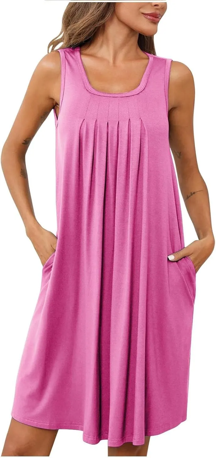 Summer Dresses for Women 2025 Loose Beach Vacation Casual Crew Neck Sleeveless Sundresses with Pockets Tank Dress