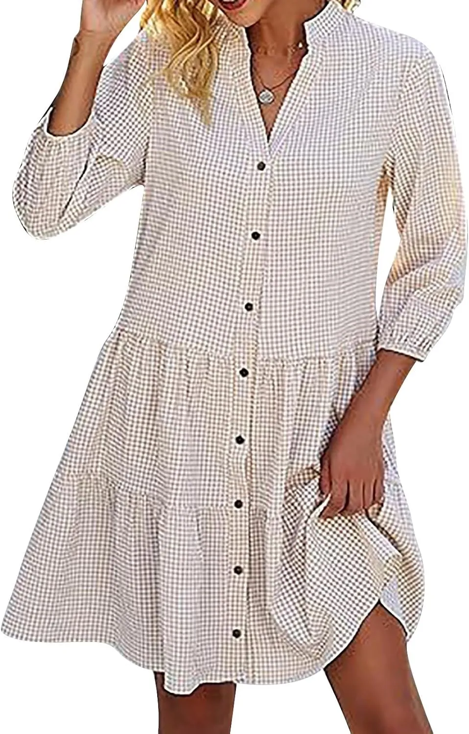 Summer Dresses for Women Casual 3/4 Sleeve Fashion Solid Plaid Shirt Dress Loose V-Neck Button Pleated Sundress