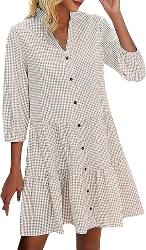 Summer Dresses for Women Casual 3/4 Sleeve Fashion Solid Plaid Shirt Dress Loose V-Neck Button Pleated Sundress