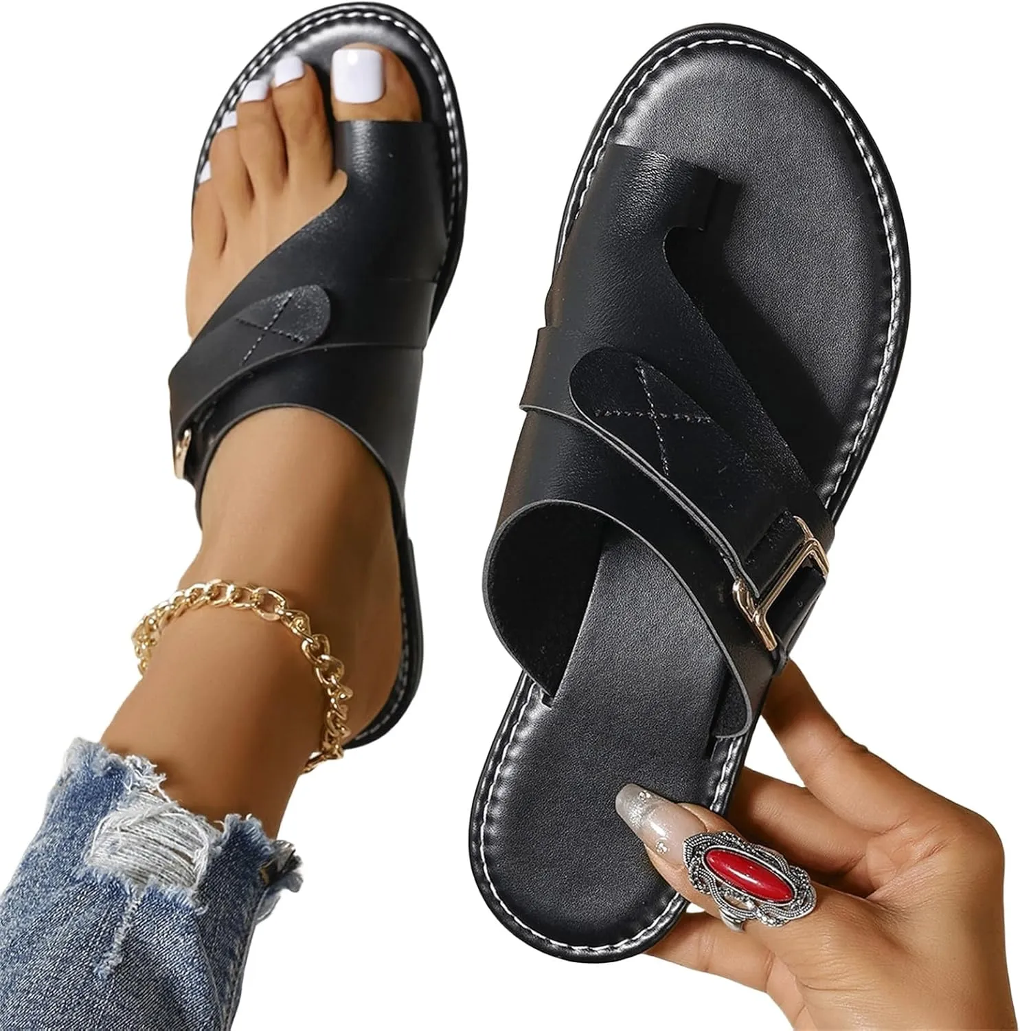 Summer Slippers for Women Summer Clip Toe Slip On Flat Sandals Fashion Leather Solid Color Casual Shower Walking Shoes for Summer Beach Oceanside Holiday Outdoor