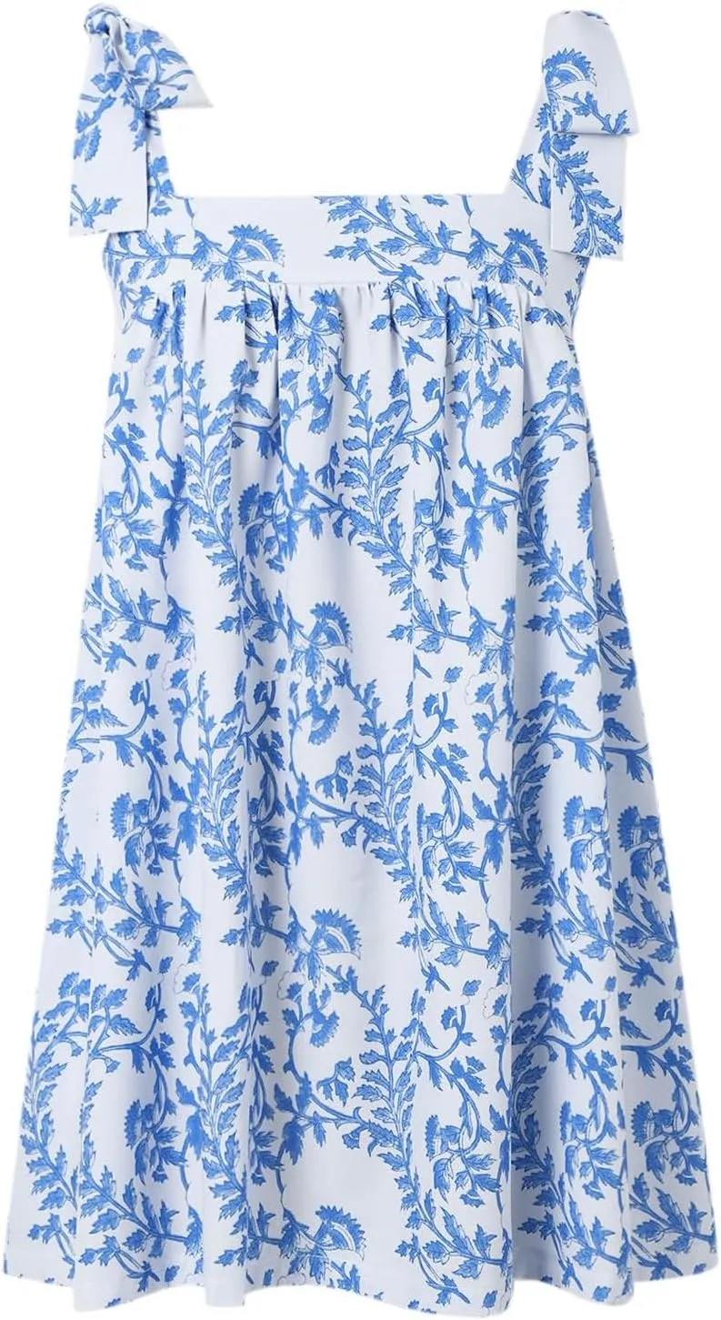 Tie Shoulder Mini Dress for Women Cute Polka Dot Square Neck Beach Short Dress Loose Fit Swing Vocation Sundress