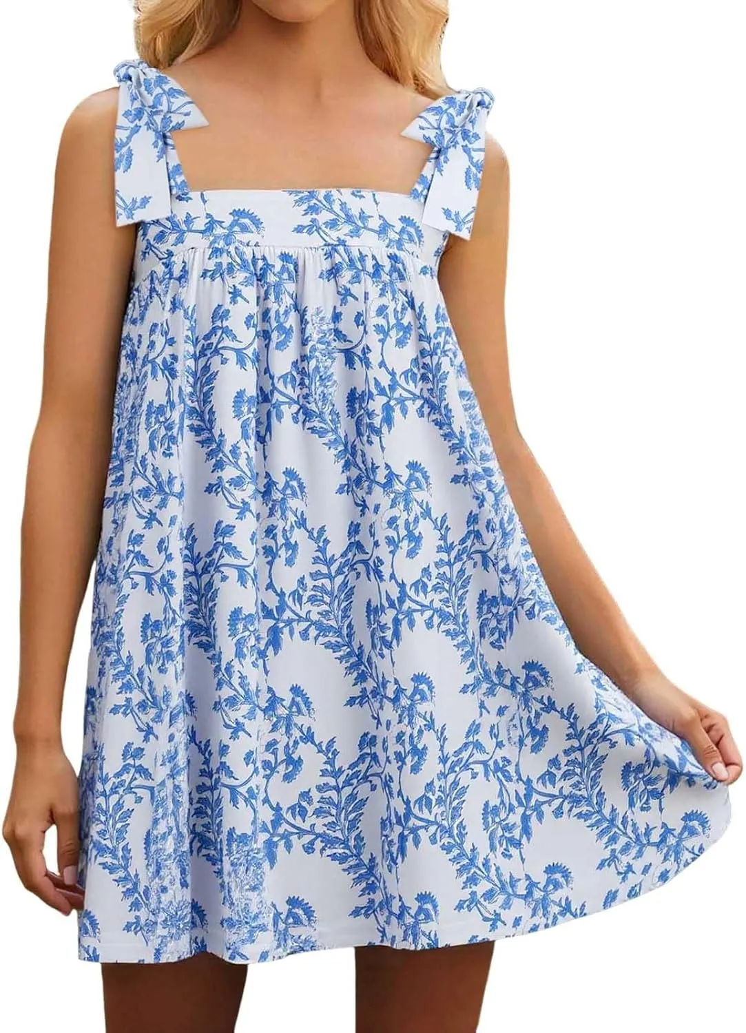 Tie Shoulder Mini Dress for Women Cute Polka Dot Square Neck Beach Short Dress Loose Fit Swing Vocation Sundress