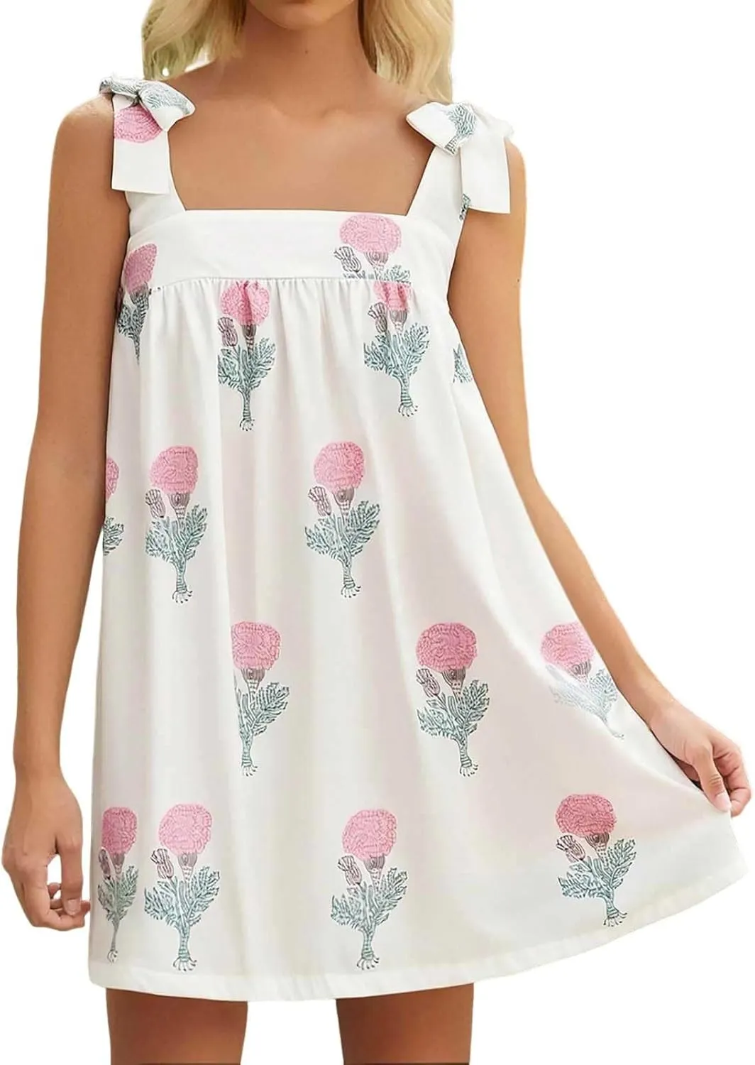 Tie Shoulder Mini Dress for Women Cute Polka Dot Square Neck Beach Short Dress Loose Fit Swing Vocation Sundress