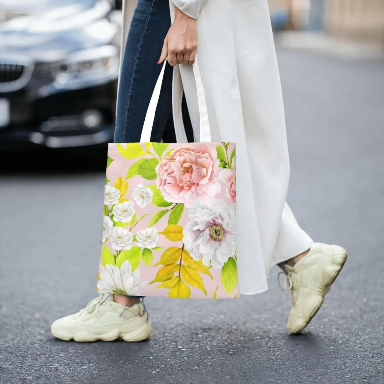 Topical Flowers Palm Leaves Tote Bag Reusable Shoulder Tote Bag For Women Lady Vacation, Shopping, Work