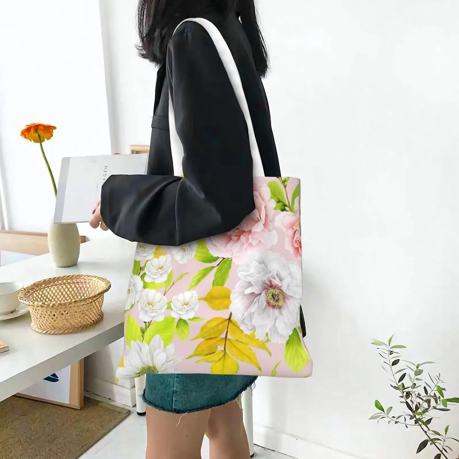 Topical Flowers Palm Leaves Tote Bag Reusable Shoulder Tote Bag For Women Lady Vacation, Shopping, Work