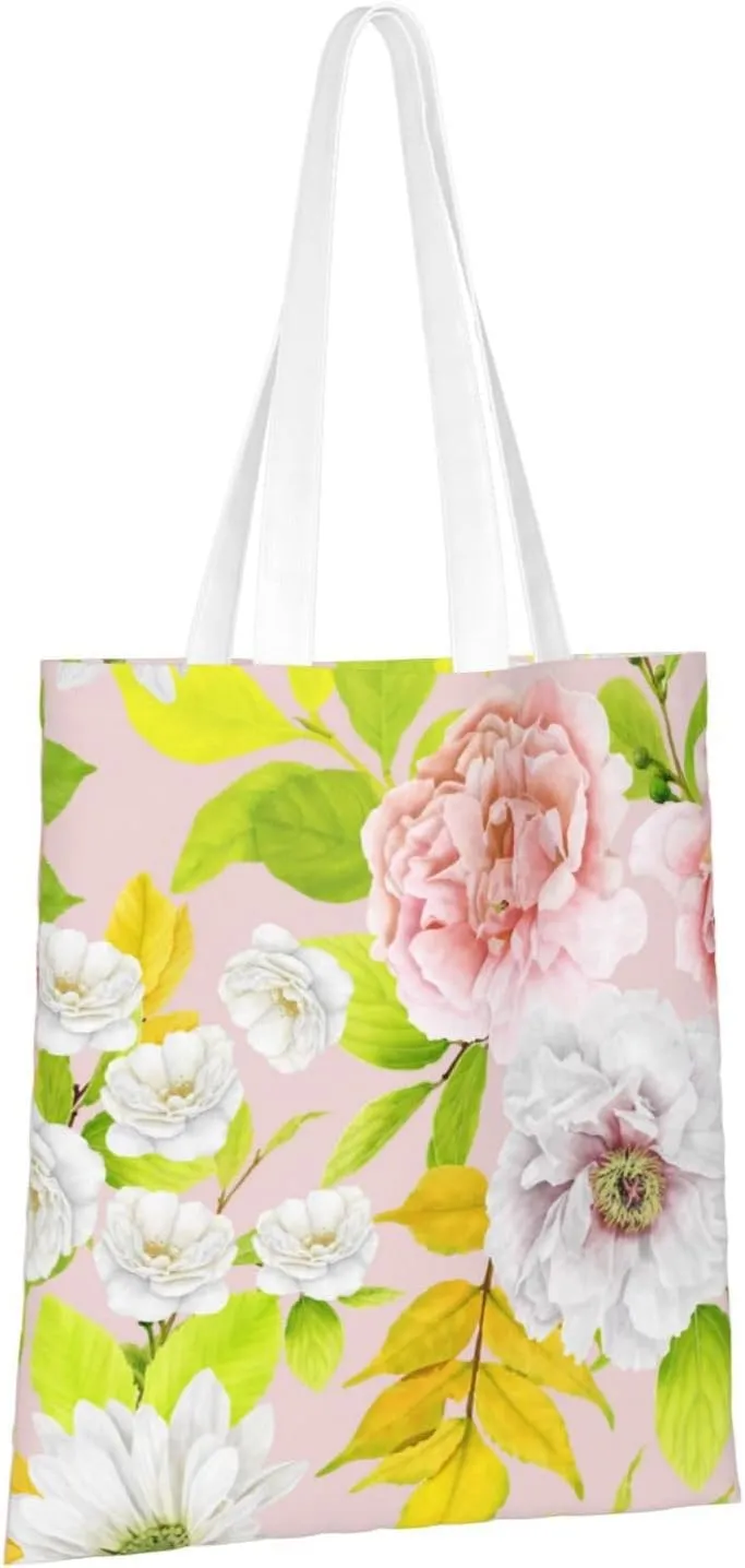 Topical Flowers Palm Leaves Tote Bag Reusable Shoulder Tote Bag For Women Lady Vacation, Shopping, Work