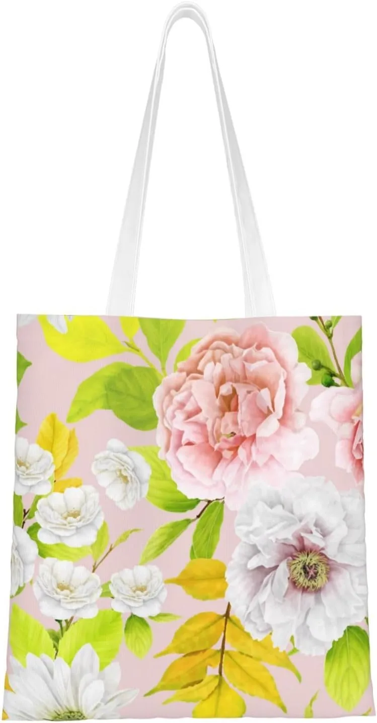 Topical Flowers Palm Leaves Tote Bag Reusable Shoulder Tote Bag For Women Lady Vacation, Shopping, Work